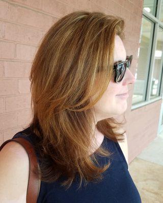 Base color, highlights, cut, and styled.