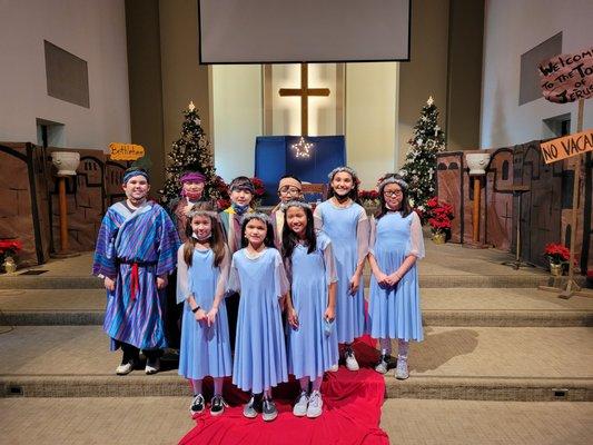 Christmas program with Worship Dancers and characters dressed up.