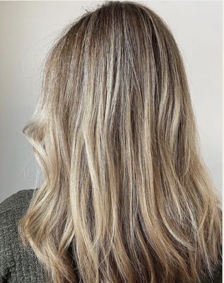 Bronde balayage with long soft layers, by Megan a Rhode Island hair color specialist.