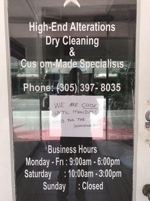 Geneva Tailor in Bal Harbour/Surfside FL was "Closed until Monday" on Saturday because they had to take VACATION to Key West.