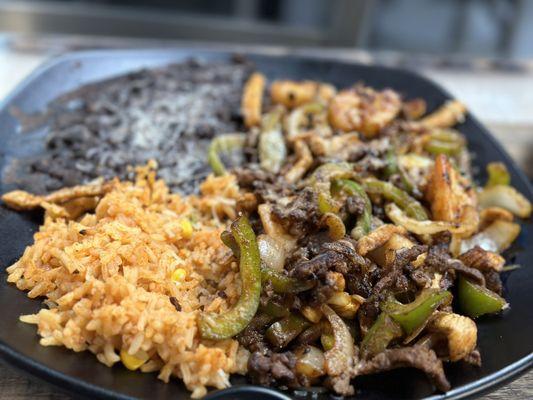 Mixed fajitas - shrimp, beef, and chicken