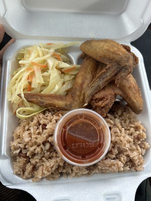 Fried chicken, cabbbage, rice & beans