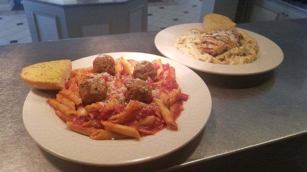 Marinara meatballs and chicken Alfredo are our two house specials and so yummy