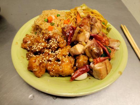 Combo two items Thai Fried rice and  lo mein with lover Chicken and bourbon chicken