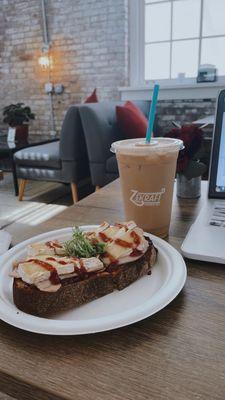 Latte, tartine, coffee, open faced sandwich, toast, local