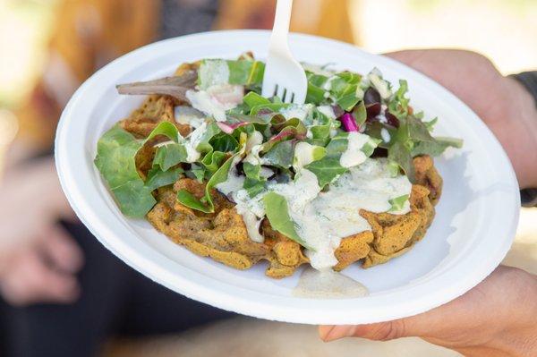 The Stuffed Curry Waffle stuffed with Carrots & Beets with Greens, Tahini, & Maple Syrup