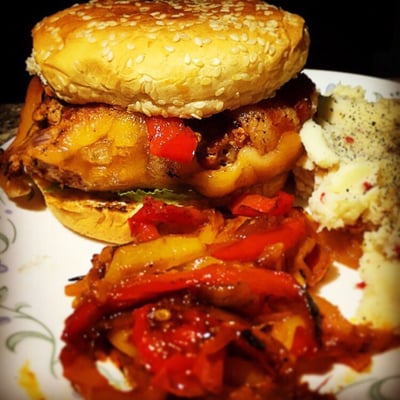 Bacon King of Burgers with Grilled Peppers and Mashed Potatoes