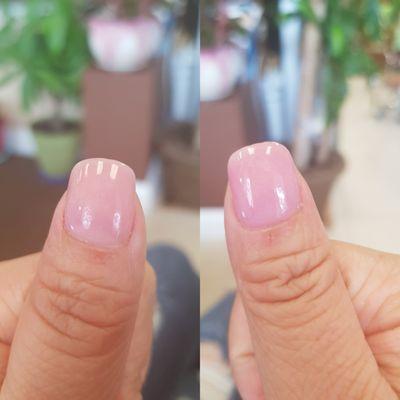 picture of my thumb left thumb has spotty top coat layer and right has a darker pink powder color.