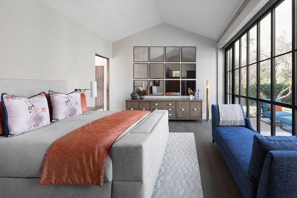 Montecito contemporary master bedroom with bold color