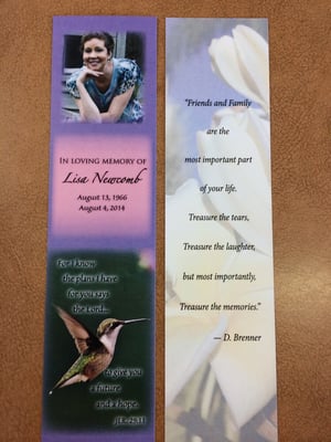 Kristine did such an incredible job on my sister, Lisa's Memorial bookmarks and Charlie is a breath of fresh air!