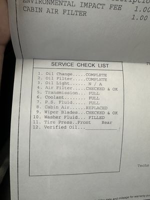 Service checklist, full inspection with every oil change! Amazing thank you!!!