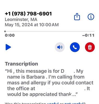 Voicemail from Barbara with NO details