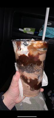 Giggles Parfait: 3 scoops chocolate ice cream, double hot fudge and Oreo