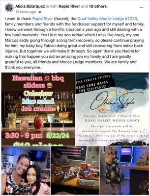 Thurs., Aug. 22nd-- Ohana Fundraiser Dinner to provide aid for Moose Family. Karaoke, a slappin' dinner and dessert, raffles, and more!