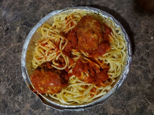 Kids spaghetti and meatballs. Apparently sauce is not included.