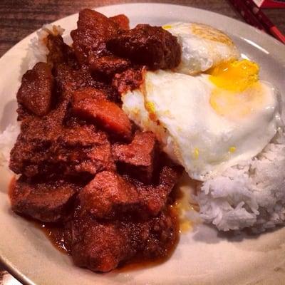 Beef curry with fried eggs and rice! So full!!!