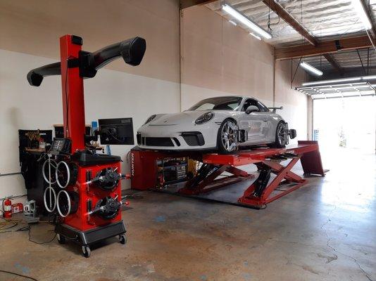 Porsche 911 GT3 track toy in for a custom alignment.