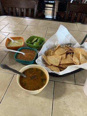 Chips and salsa and charro beans