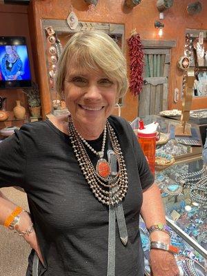 My gorgeous friend with Sam's (now hers) Navajo pearls and spiny oyster.