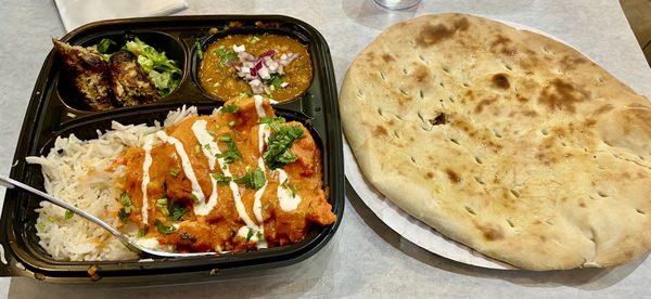 Lunch is served!  Chicken tikka masala, rice, salad, naan from scratch, lentils - perfection!