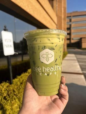 Iced matcha vanilla latte with less sugar