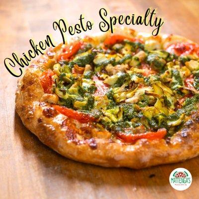 Basil pesto sauce drizzle, sliced tomatoes, roasted chicken breast, artichokes and premium 100% Mozzarella Cheese.