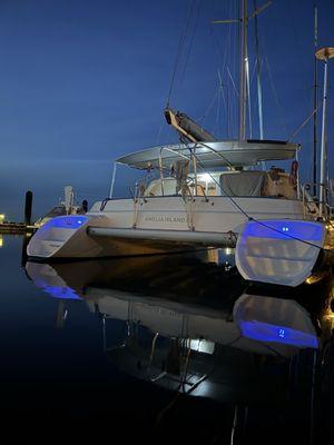 Catamaran at night.