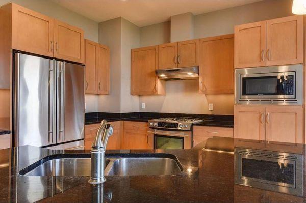 Apartment kitchen. Many units have a fire place.