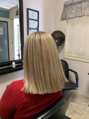 Highlights, hair cut, deep conditioning and style by Maria