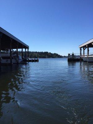 View looking out between covered moorage