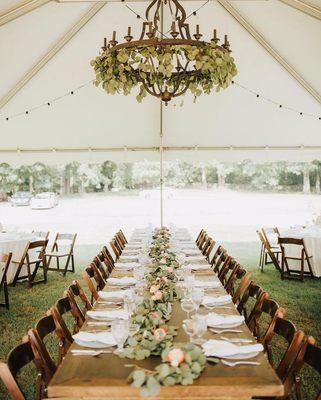 Farm Tables, Fruitwood Folding Chairs under a 20'x Frame Tent