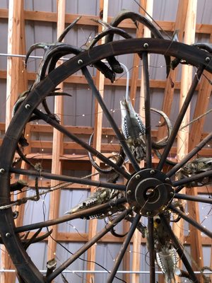 Wooden wheel chandelier overhead. You can see the teeth in these animal skulls!