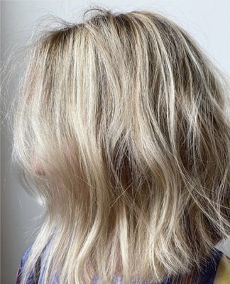 Lived in blonde color, modern bob cut - by Megan a Rhode Island blonde specialist.