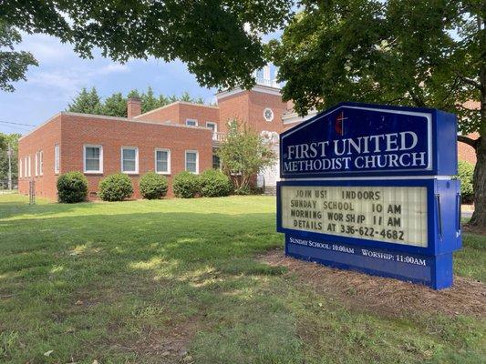 External view of church by the sign