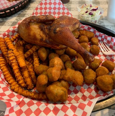 Smoked Chicken Dinner with Sweet Potato Fries, Fried Okra and Slaw