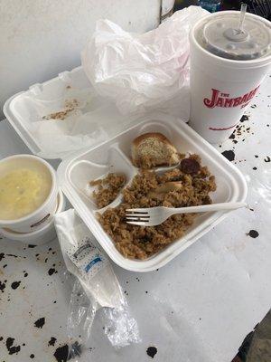 Jambalaya, 2 sides potato salad, large drink