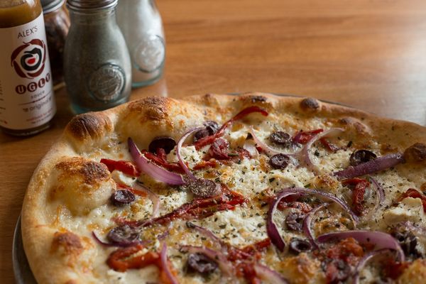 Punctuated Equilibrium flatbread with Alex's Ugly Sauce made with Massachusetts grown hot peppers. Yum!