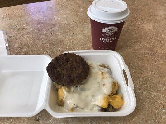 Stuffed hash browns and a sausage patty.