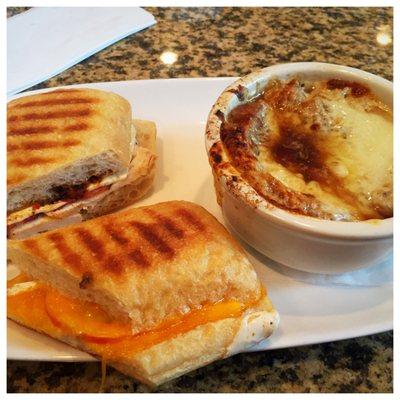 Half Tuscan Panini, Half Crispy Cheese Panini, French Onion Soup, I split sandwiches with my mom who was visiting