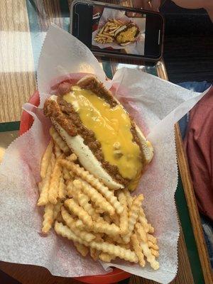 Chili cheese dog & small fry!