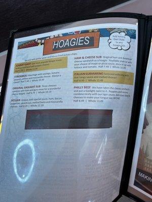 Menu hoagies