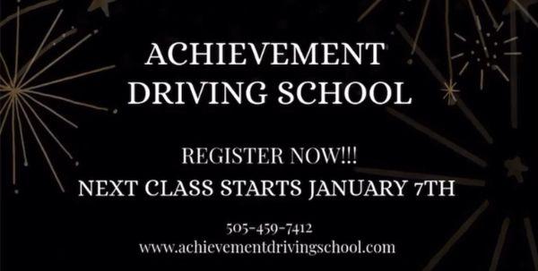 HAPPY NEW YEAR!!!

REGISTER NOW FOR OUR JANUARY 2020 DRIVERS EDUCATION CLASS!!

Call: 505-459-7412 
www.achievementdrivingschool.com