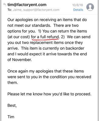 Email from Tim telling me I could get a full refund. This did not happen. Lies!!!!