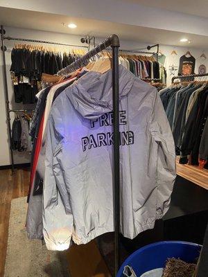 "Free Parking" private label rain jacket/ windbreaker that was made of entirely reflective material!