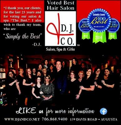 Simply the best salon and spa services in the C.S.R.A.  Thank you for voting us "best" 4 years running, 2012, 2013, 2014 & 2015.