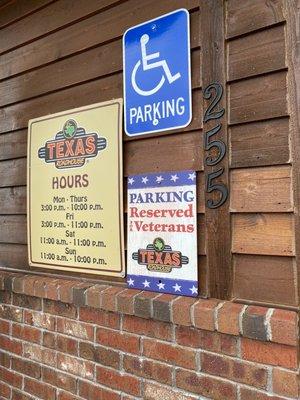 Special veteran, handicapped Parking and hours.