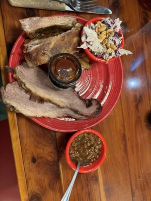 Ribs & brisket with baked beans & peanut coleslaw