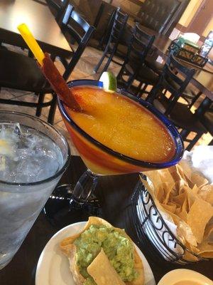 Mangonada, guacamole, salsa and chips. The start of a great lunch.