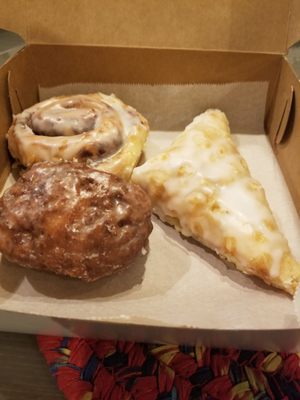 Cinnamon roll, Apple fritter, and apple turnover