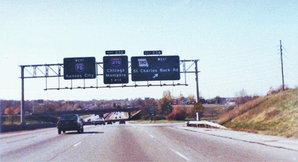 Interstate 70 West at Exit 234, Route 180 West, St. Charles Rock Rd exit - Bridgeton, Missouri, 1989